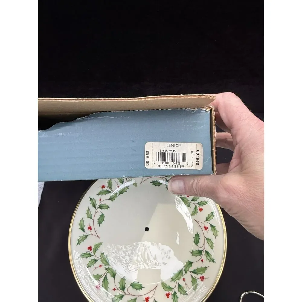 Lenox Holiday Two Tier Tidbit Dessert Stand Holly Pattern Complete Set In Box